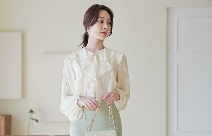 Ruffle Ribbon-Tie Pleats Sleeves Blouse