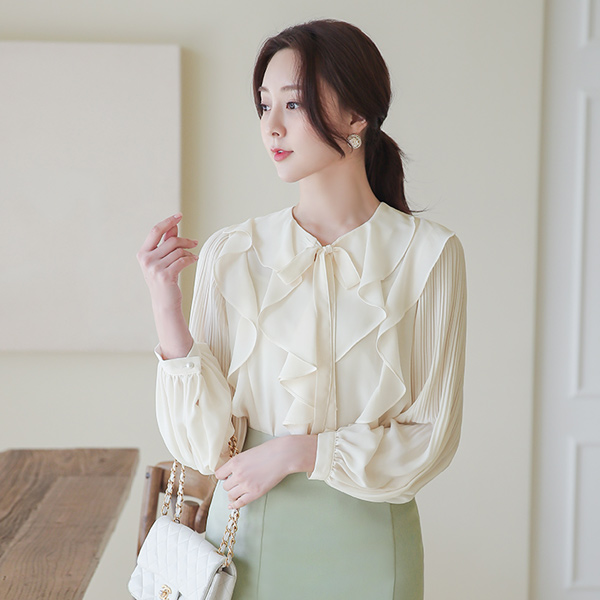 Ruffle Ribbon-Tie Pleats Sleeves Blouse