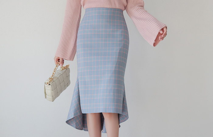 Pastel Check Unbalance Slit Mermaid Skirt