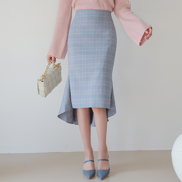 Pastel Check Unbalance Slit Mermaid Skirt