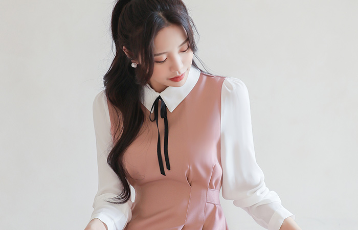 Ribbon-Tie Collar Color Combination Pintuck Flared Dress