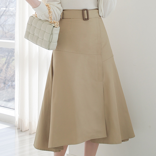 Unbalance Cutting Belted Flared Coating Skirt