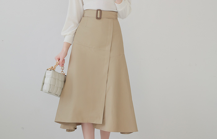 Unbalance Cutting Belted Flared Coating Skirt