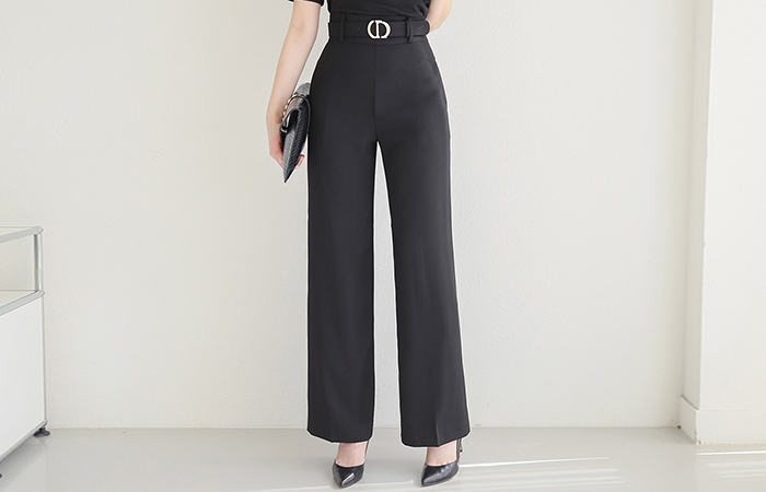 Gold Belt High-Waist Long Wide Slacks