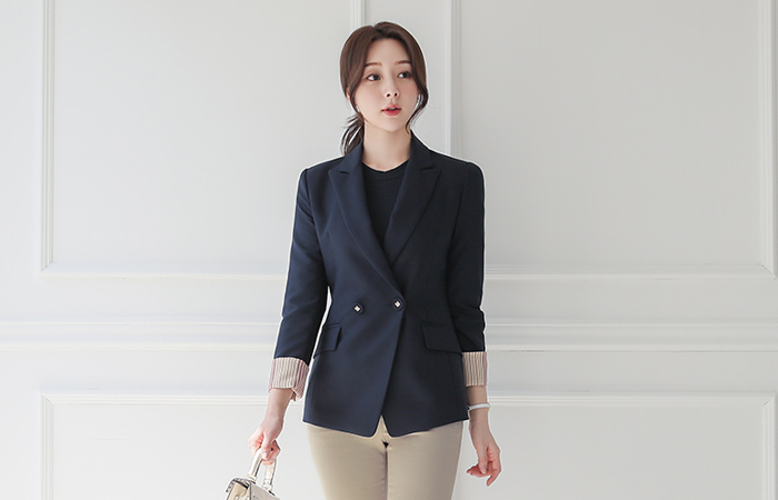 Stripe Colored-Sleeves Double-button Jacket