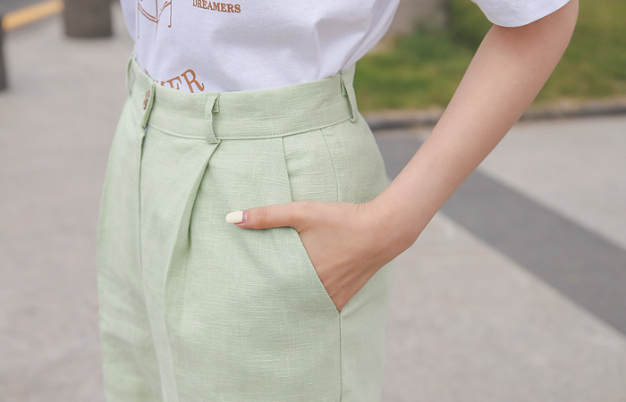 Linen Button Pintuck Wide Pants