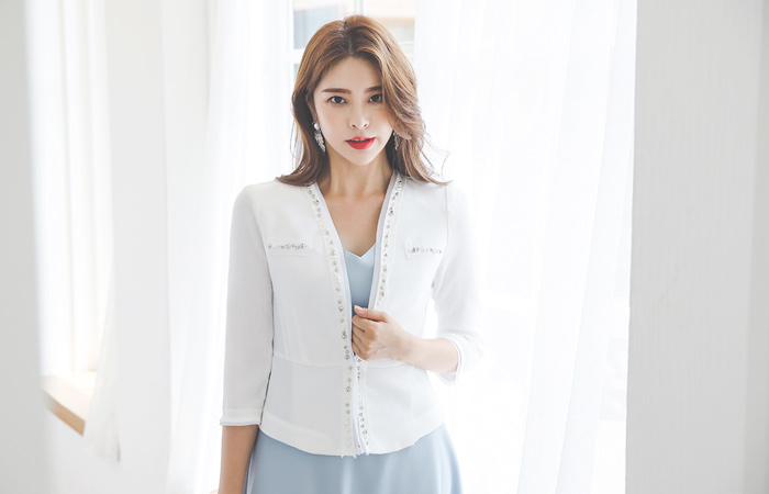 Pearl Decoration Chiffon Trimming No-collar Jacket