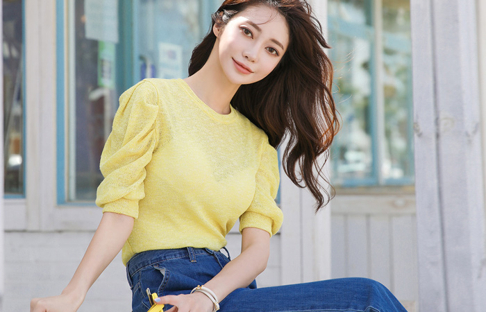 Summer Linen Shirring Puff Knit T-shirt