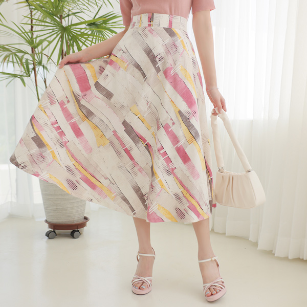 Linen Brush Sketch Back Banding Flared Skirt