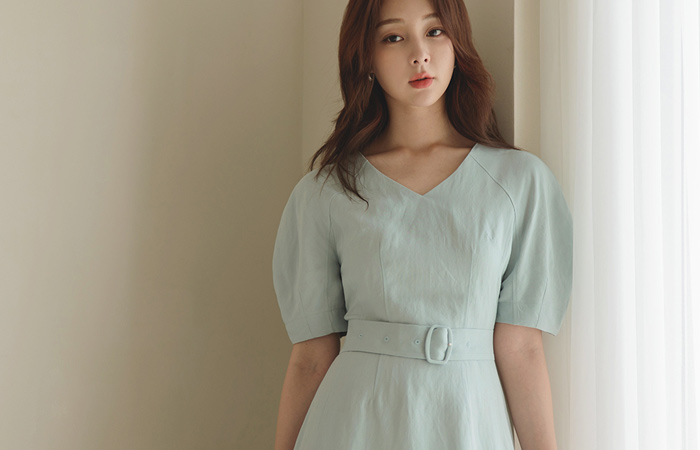 V-neck Puff Belted A Line Dress