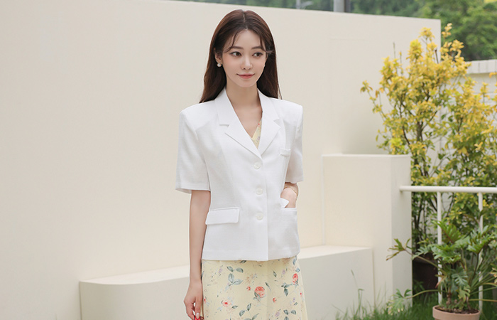 Linen Touch White Button Jacket