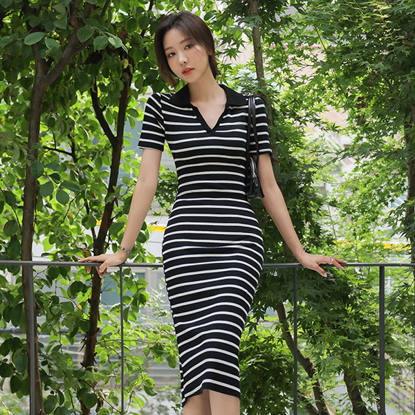 Tight Stripe Pique Long Slit Dress