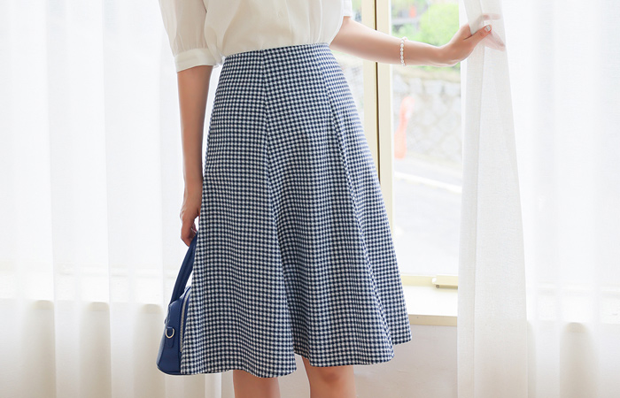 Cotton Shepherd Check Gored Flared Skirt