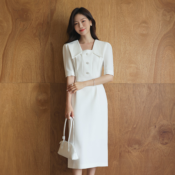 Romantic Pearl Button White Collar Dress