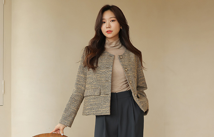 Luxury Gold Button Color Combination Tweed Jacket