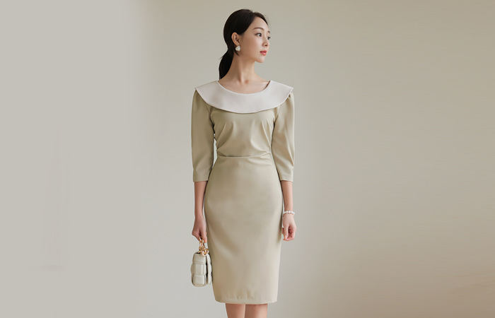 Wide Single Collar Color Combination Shirring Dress