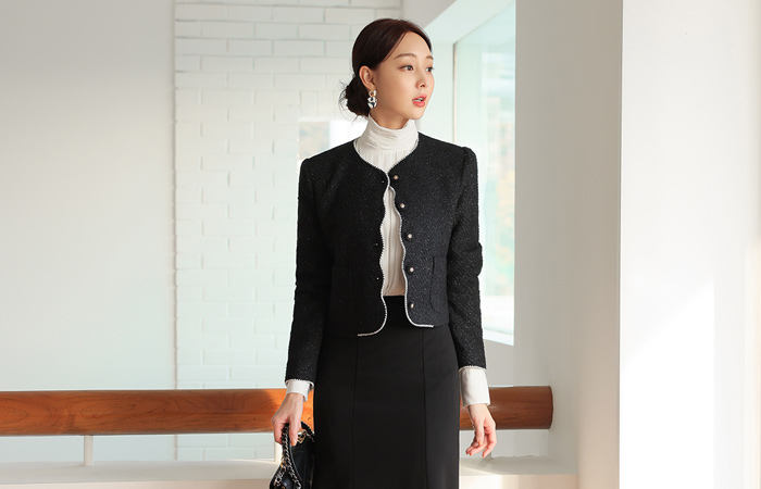 Black pearls Lining Wave Tweed Wool Jacket