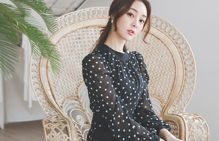 Gold Button Pocket Chiffon Dot Long Dress