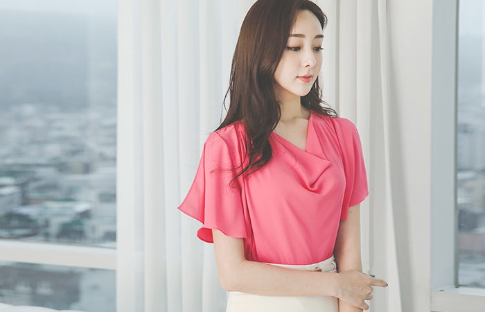 Wing Sleeves Slit Cowl Neck Pintuck Blouse