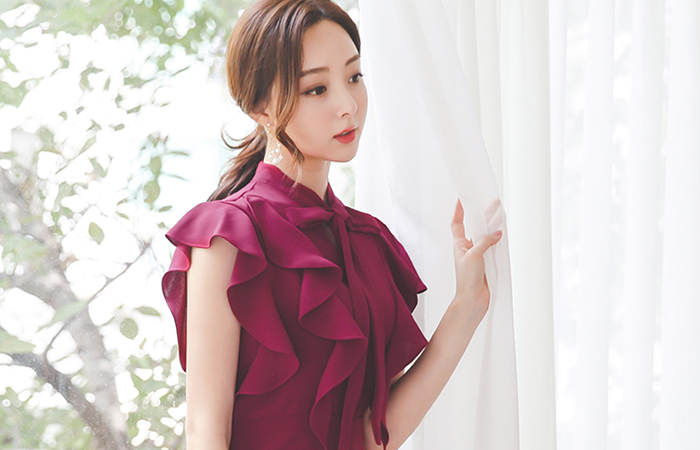 Double Wing Frill Sleeves Ribbon-Tie Slim Dress