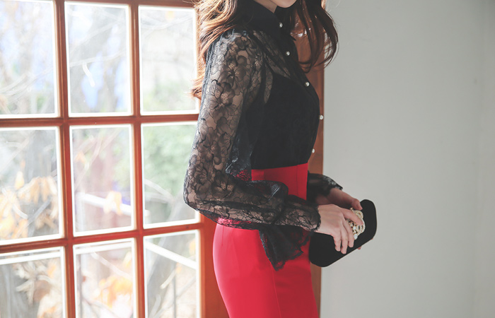 Bijou Satin Mix Pearl Lace See-through Blouse