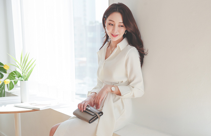 Waist Strap Shirring Roll-up Shirt Dress