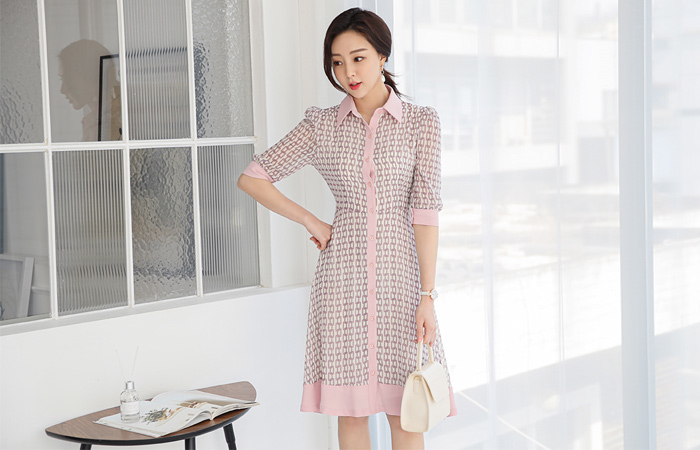 Chain Printing Belted Flared Shirt Dress
