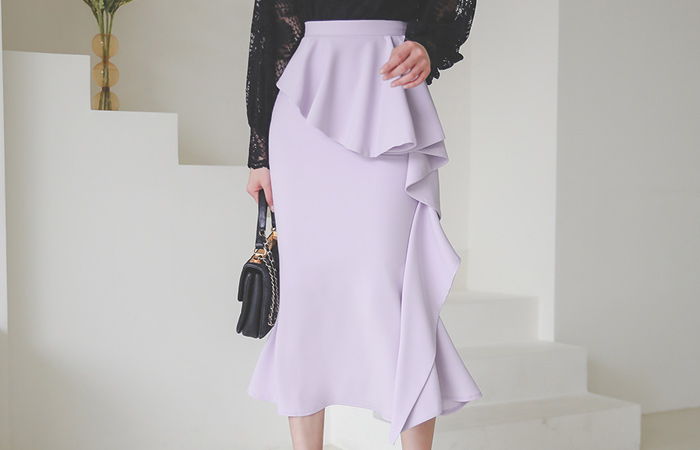 Unbalance Ruffle Trimming Luxury Long Skirt