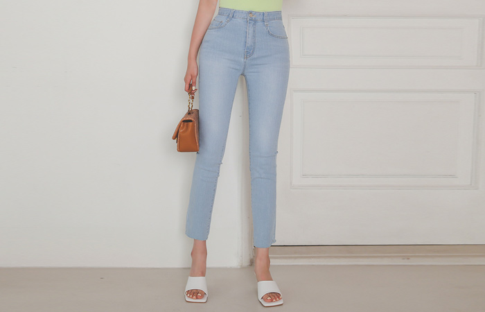 Summer Light-Blue Half-High waist Slim Straight Span Denim
