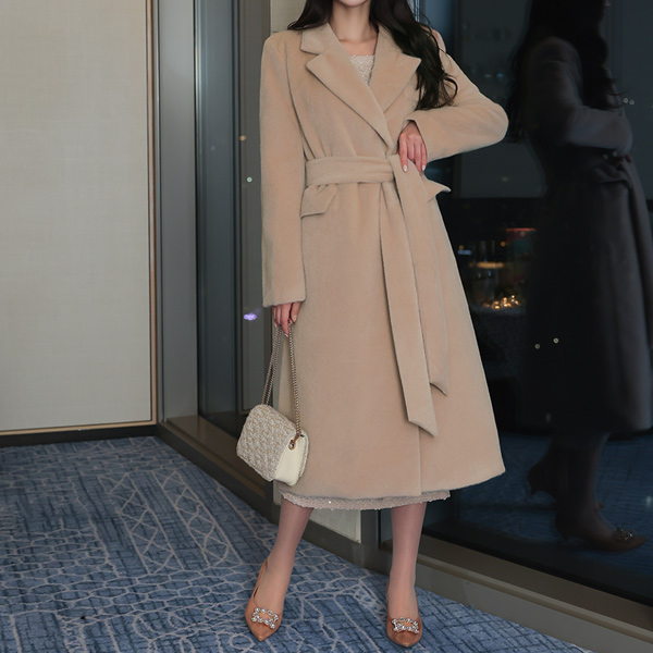 Mink Hidden Button Belted Wool Coat