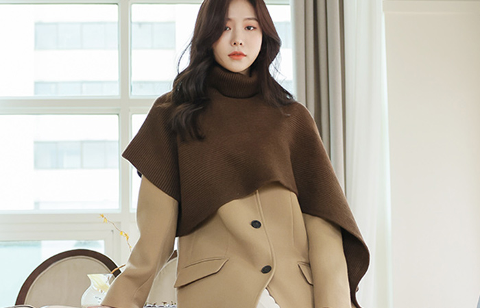 Unbalance Turtleneck Modal Knit Cape