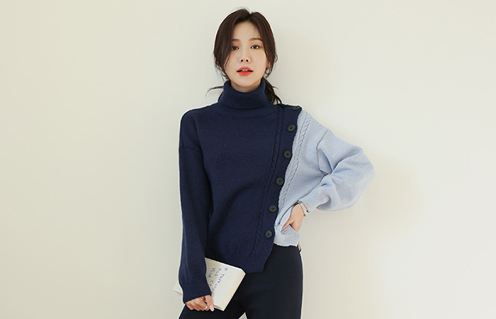 Trendy Diagonal button Color loose fit Turtleneck Knit