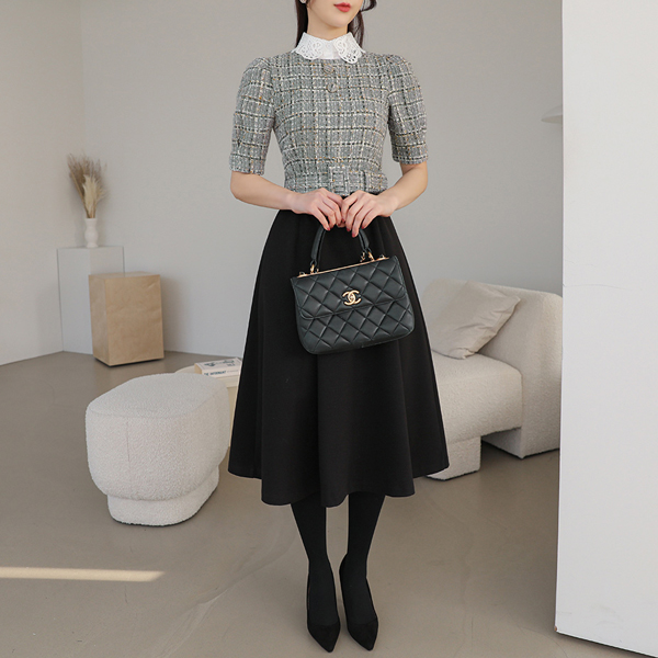 Tweed Puff Flared Wool Dress