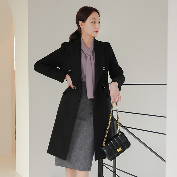 Peaked Collar Gold-Ring Double-button Wool Coat