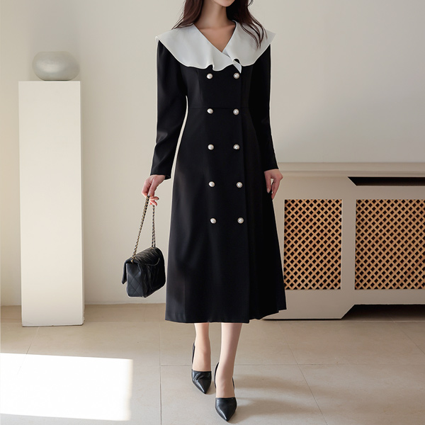 Wide Frill Collar Pearl Double-button Dress