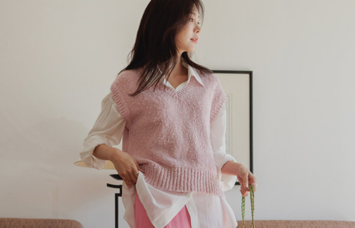 Macaron Color Bubble V-neck Knit Vest