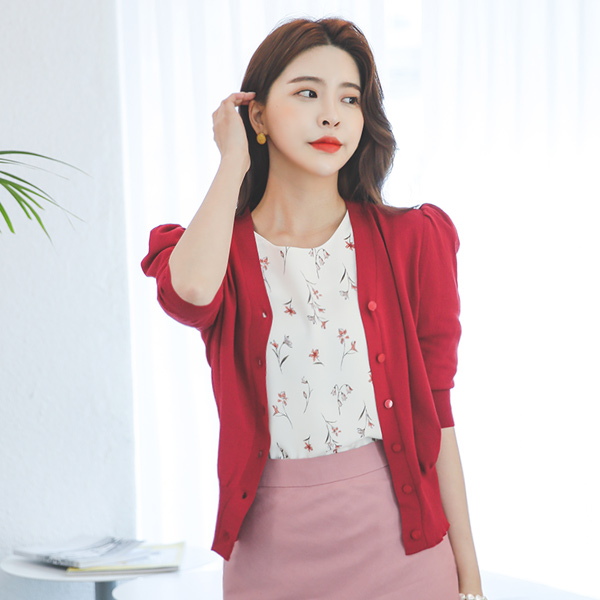 Vivid Puff Shoulder Volume V-neck Cardigan
