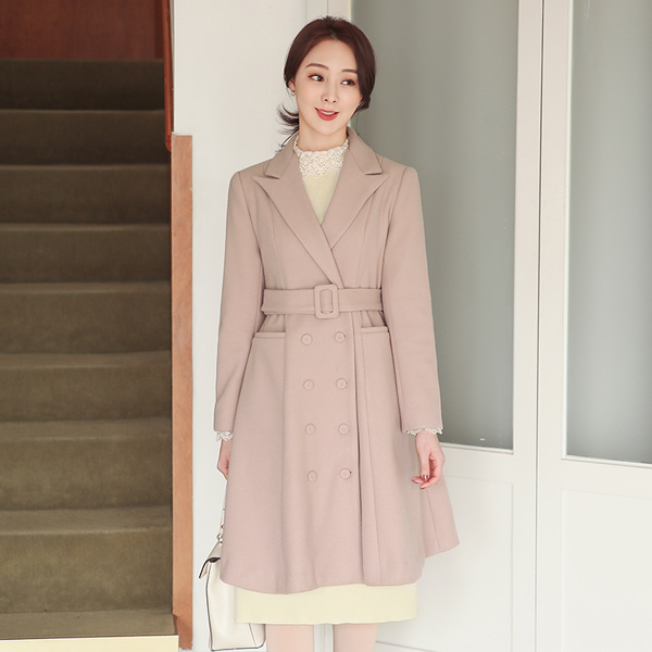 Double-button Belted Flared Trench Wool Coat