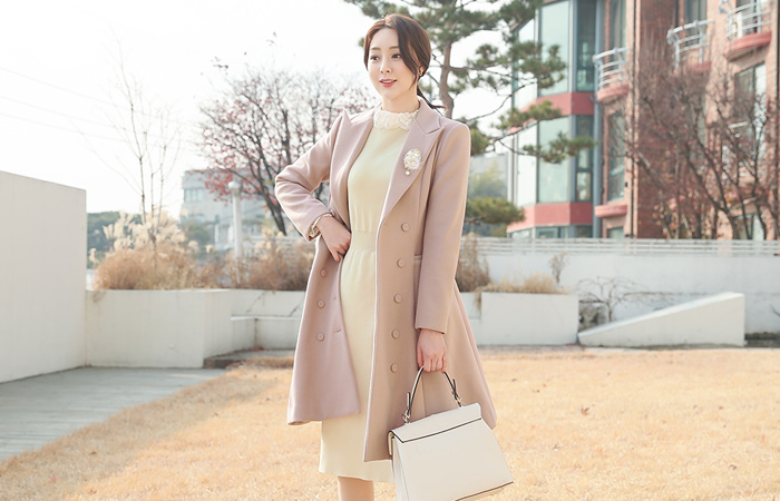 Double-button Belted Flared Trench Wool Coat