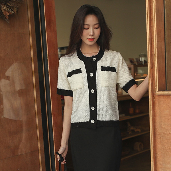 Antique Silver Button Knit Color Combination Cardigan