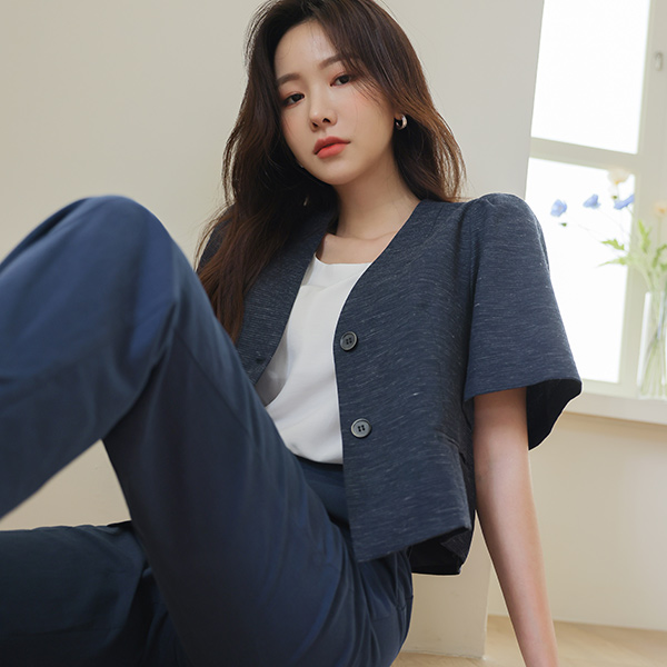 Bag Button Puff Crop Linen Jacket