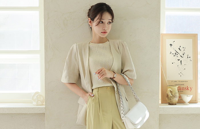 Natural Linen Puff No-collar Jacket