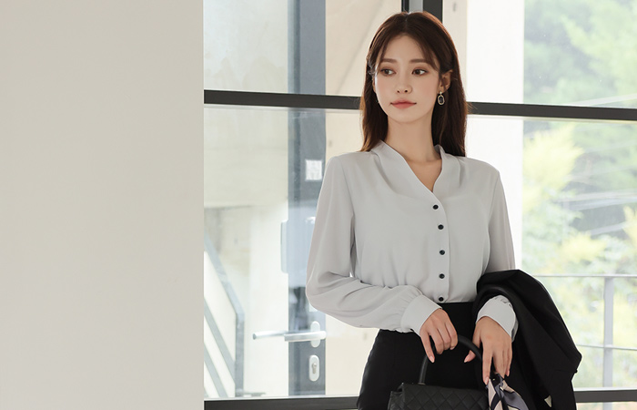 Modern Black Button Pintuck V-neck Blouse