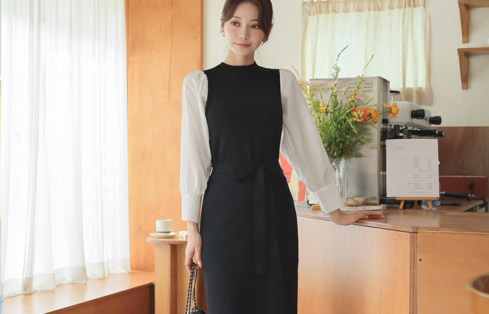 Puff Shirt layered Half-Neck Knit Dress