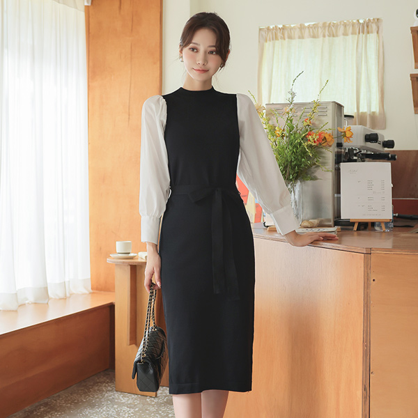 Puff Shirt layered Half-Neck Knit Dress