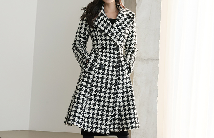 Hound's-Tooth Patterns Luxury Flared Wool Coat