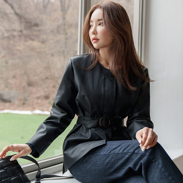 Belted Hidden Button Eco Leather Jacket
