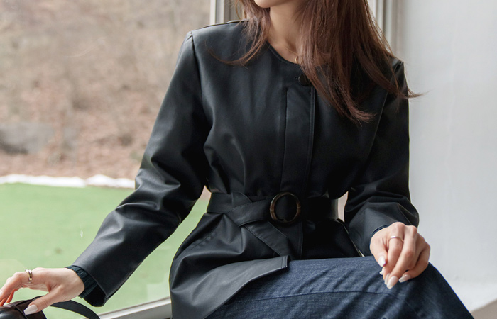 Belted Hidden Button Eco Leather Jacket