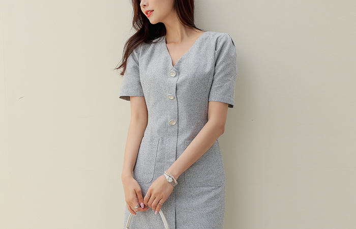 Modern V-neck Silver Point Tweed Dress