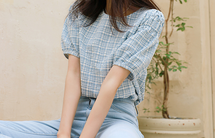 Pastel Check Patterns Lovely Sleeves Shirring Waffle Blouse